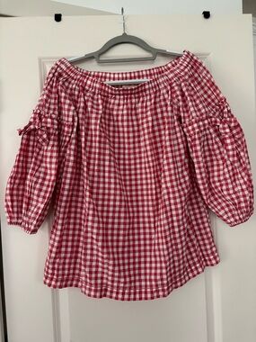 Max Studio Red and White Gingham Off-Shoulder Peasant Blouse